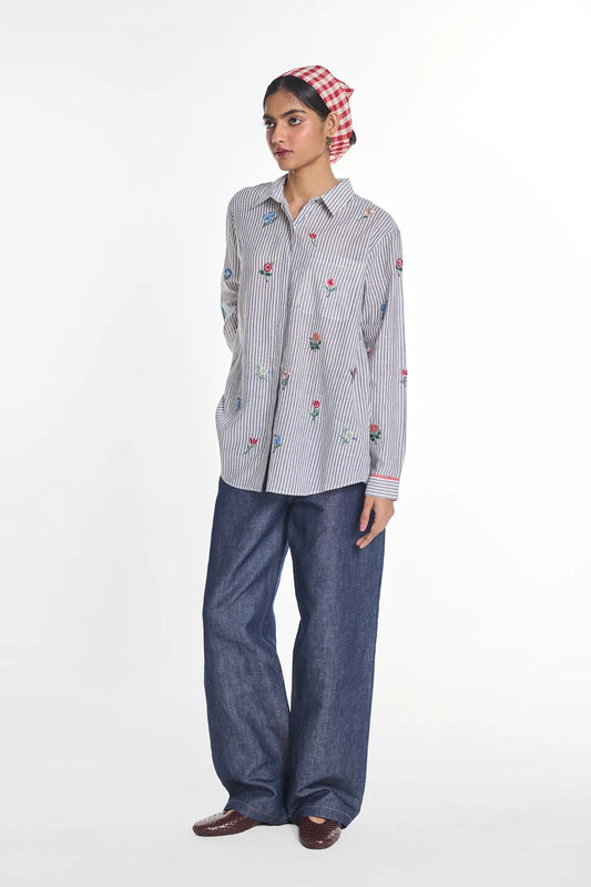 Cotton Shirt With Floral Cross Stitch Embroidery In Grey Stripe