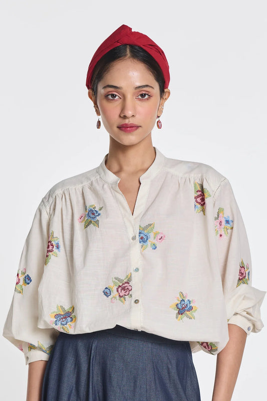 Cotton Blouse With Floral Cross Stitch Embroidery In Ecru