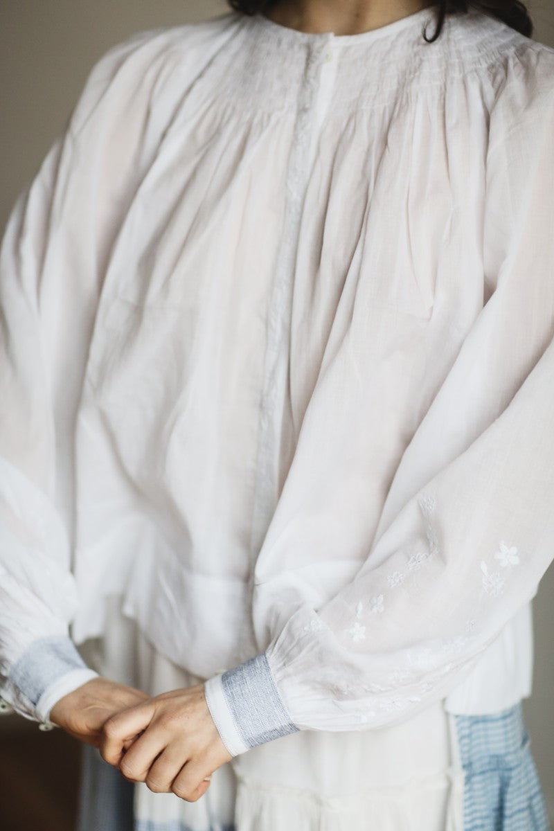 French White Embroidered Blouse With Smocked Neck - Margot