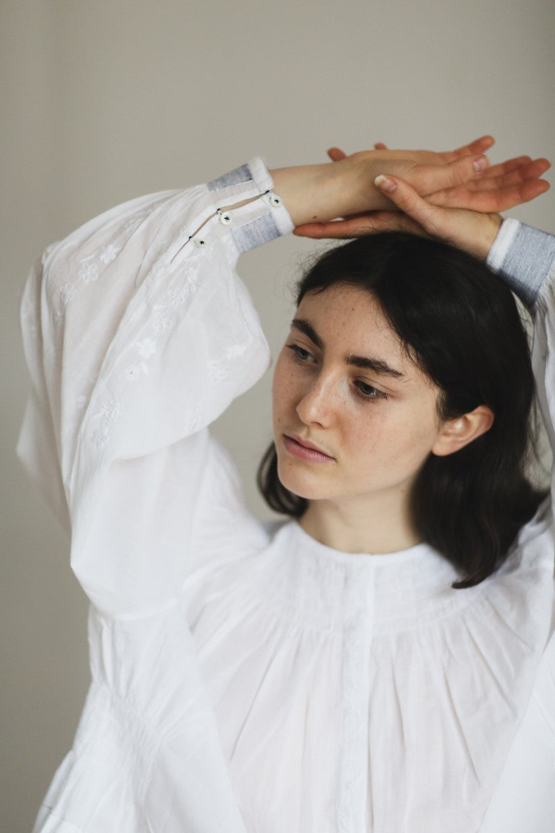 French White Embroidered Blouse With Smocked Neck - Margot