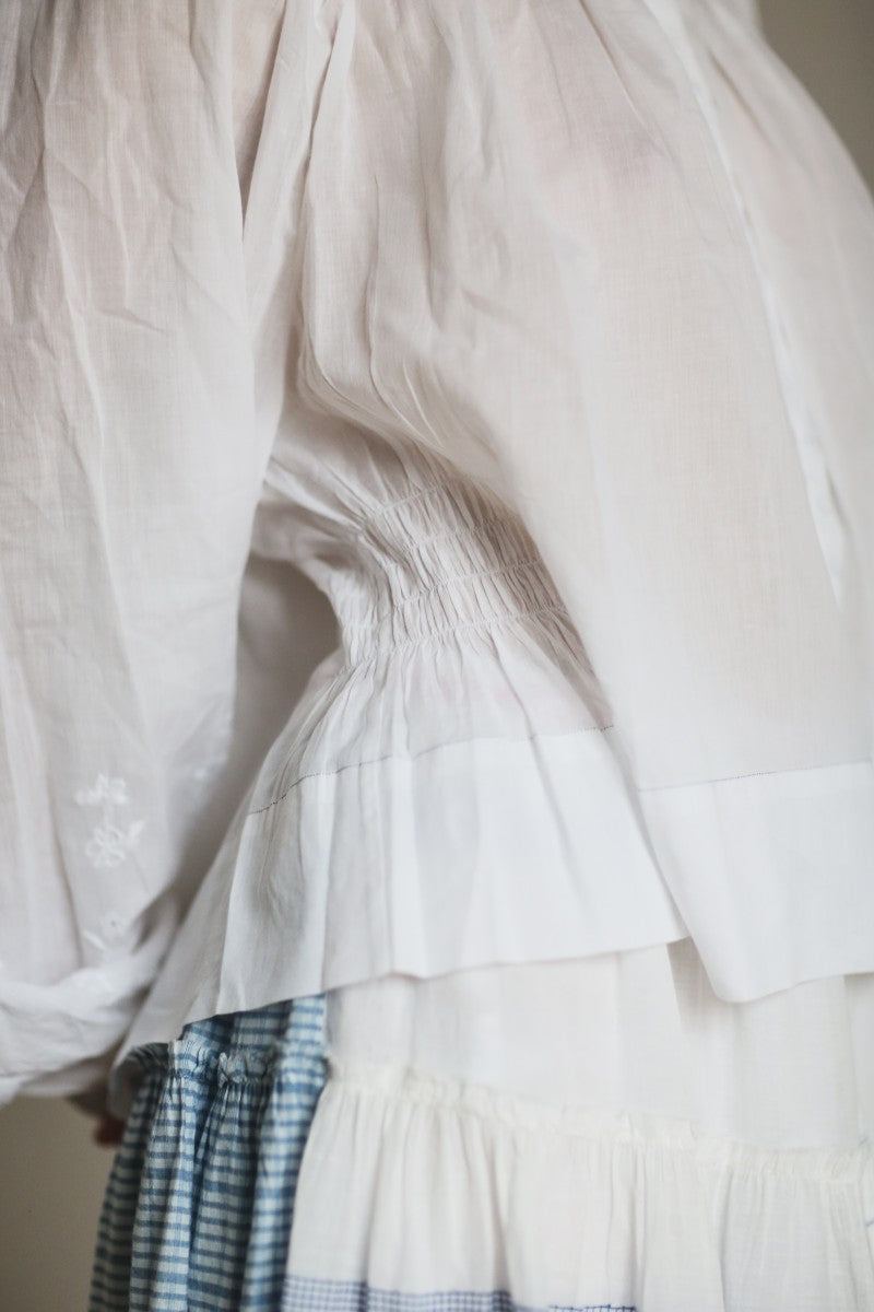 French White Embroidered Blouse With Smocked Neck - Margot