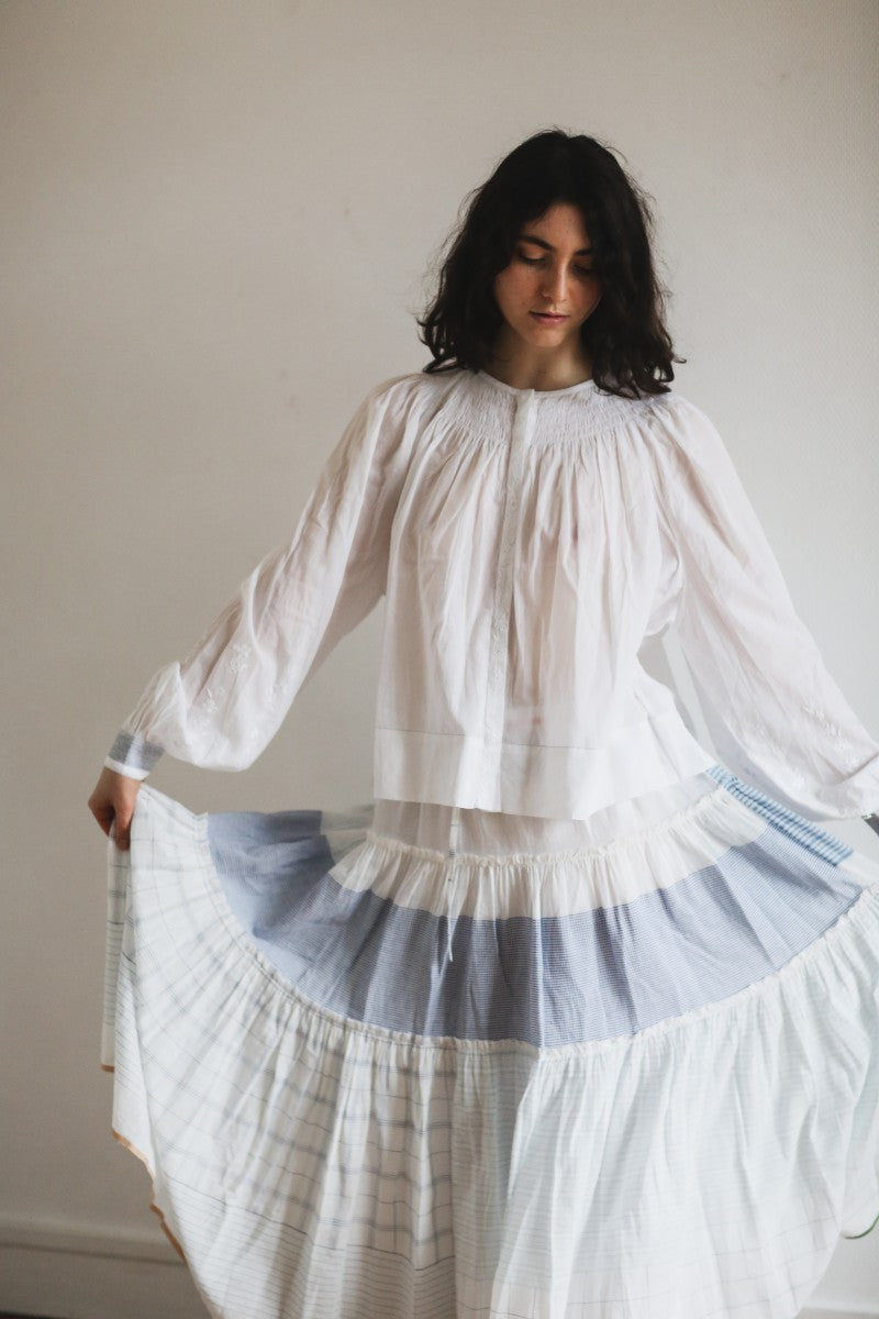 French White Embroidered Blouse With Smocked Neck - Margot