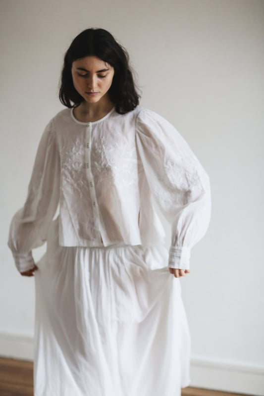 French White Embroidered Blouse With Pleats - Audrey