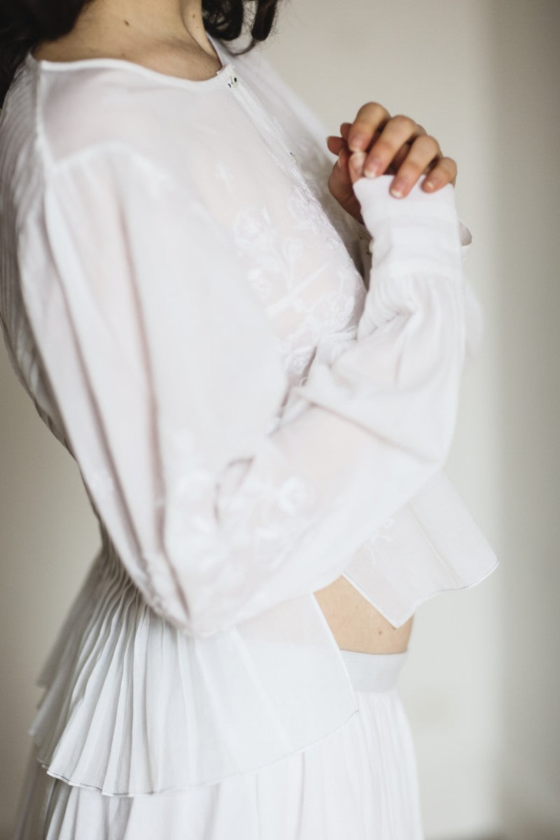 French White Embroidered Blouse With Pleats - Audrey