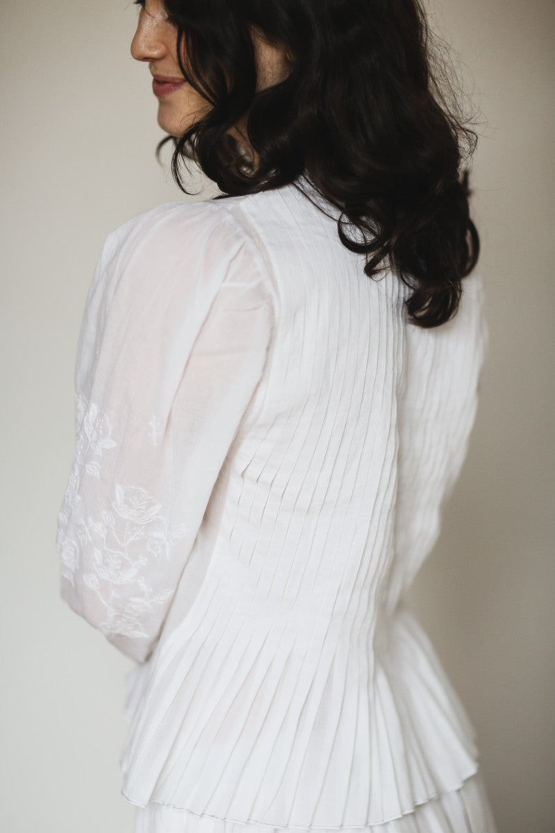 French White Embroidered Blouse With Pleats - Audrey