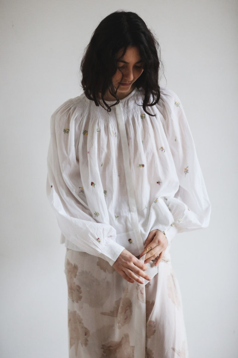 French White Embroidered Floral Blouse With Smocked Neck - Margot Fleurs