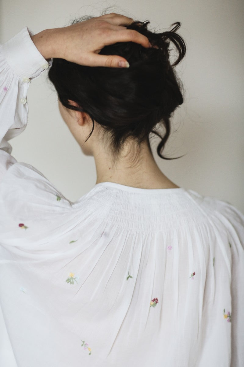 French White Embroidered Floral Blouse With Smocked Neck - Margot Fleurs