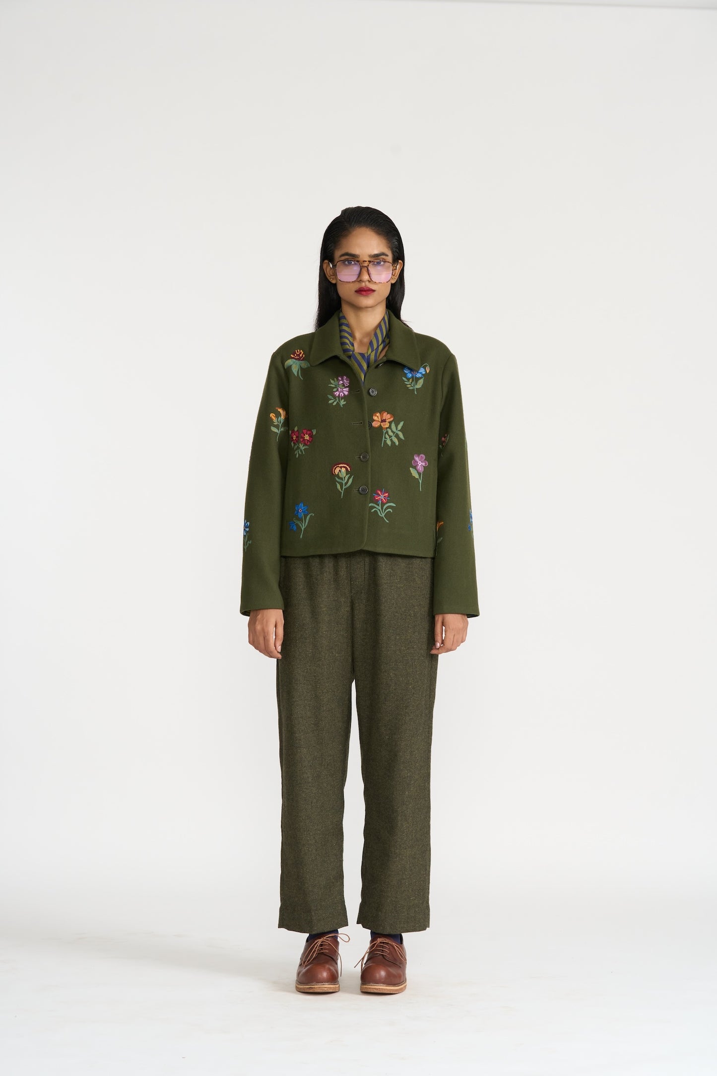 Wool Jacket With Floral Embroidery - Olive LAST ONE Large