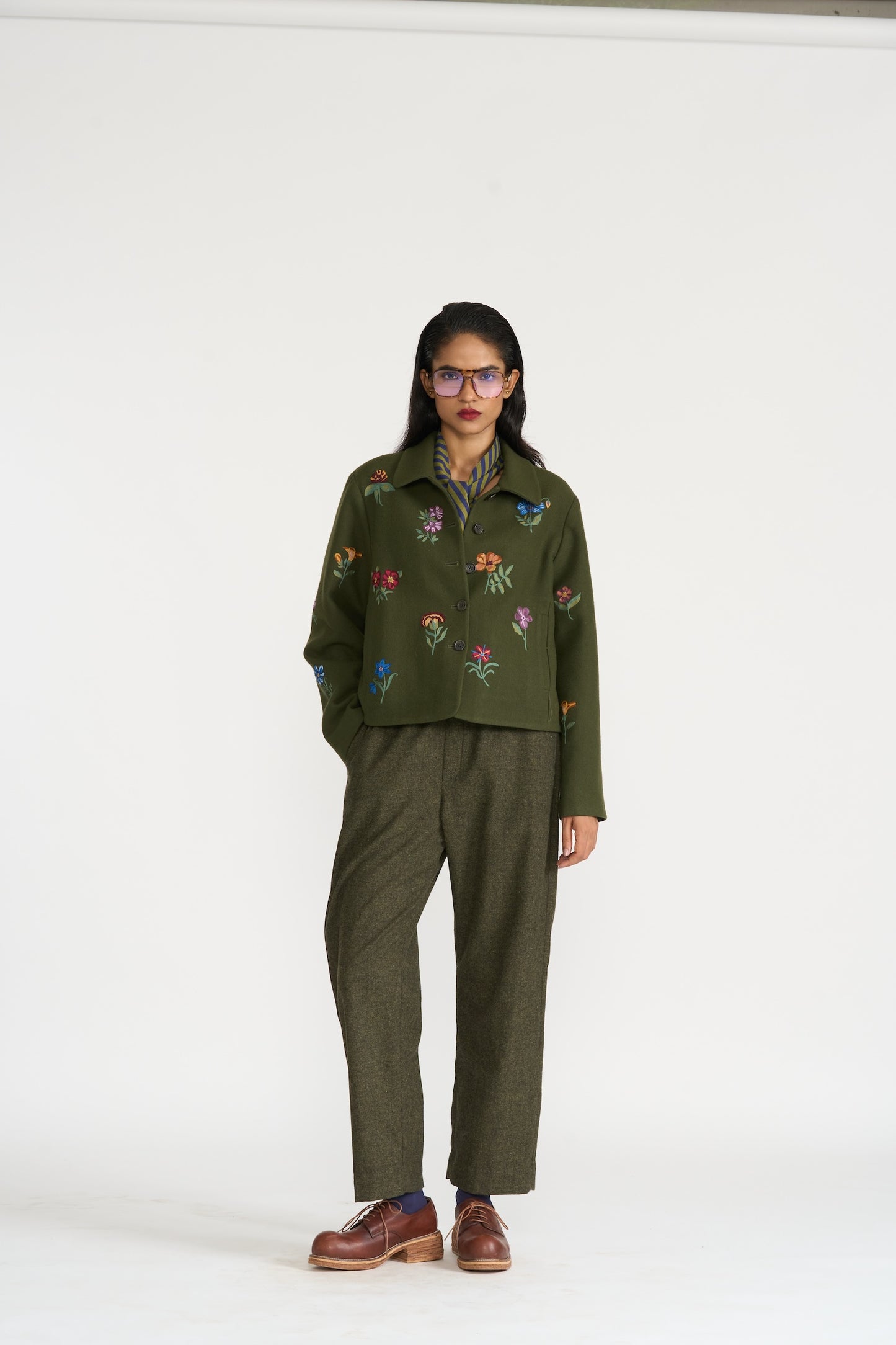 Wool Jacket With Floral Embroidery - Olive LAST ONE Large