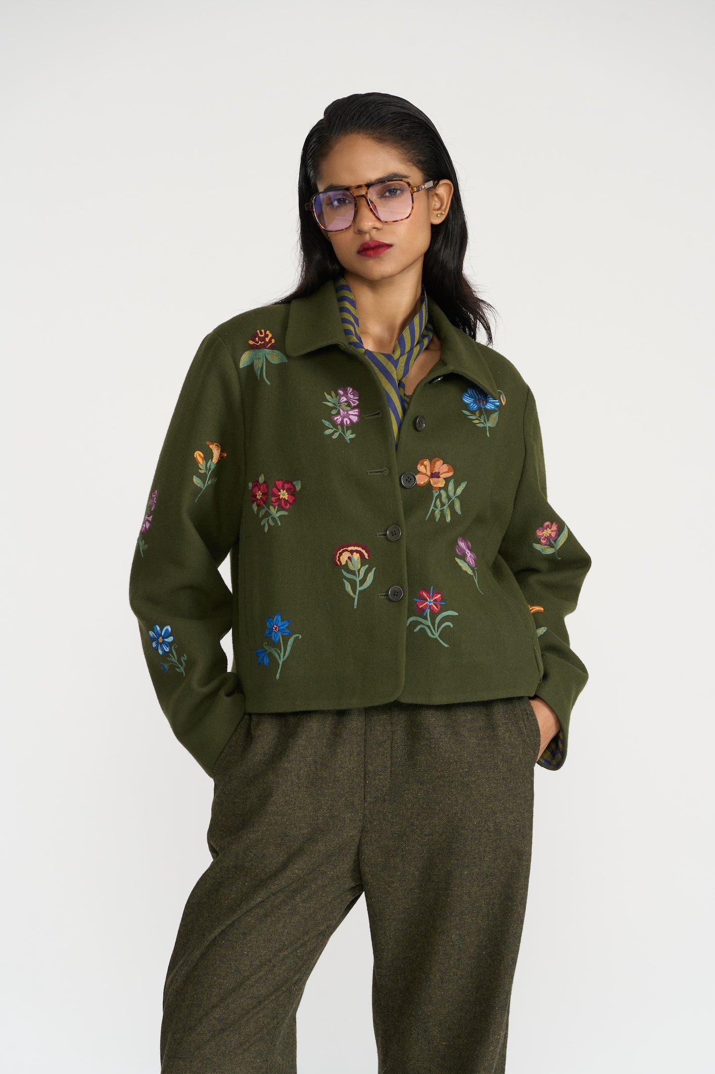 Wool Jacket With Floral Embroidery - Olive LAST ONE Large