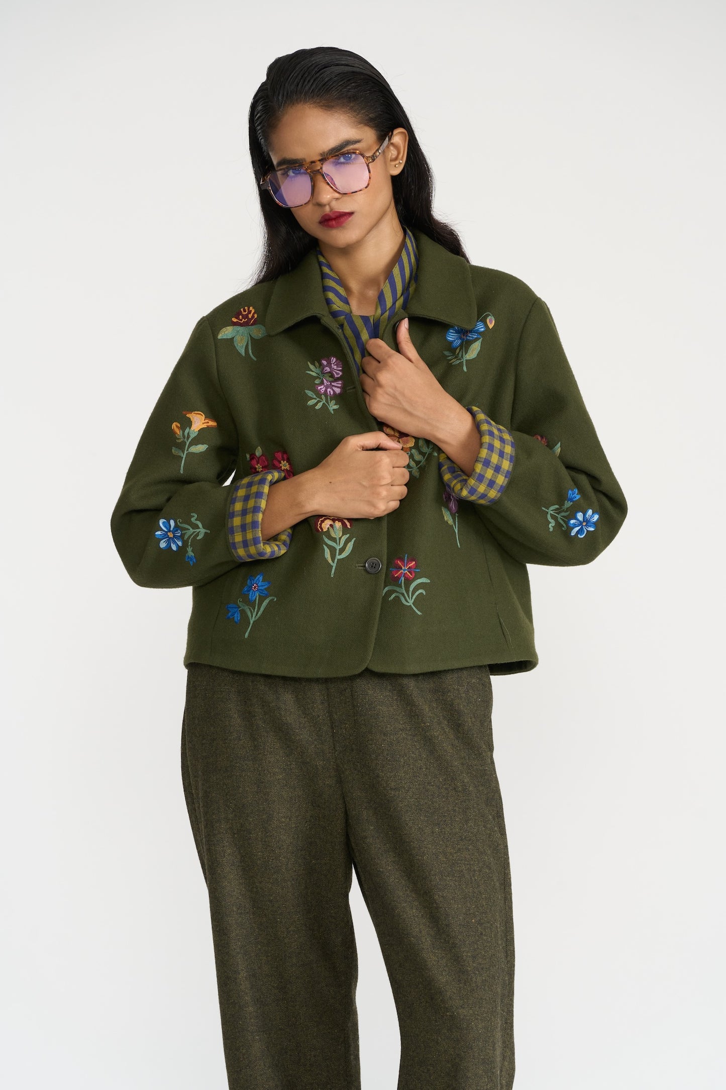 Wool Jacket With Floral Embroidery - Olive LAST ONE Large