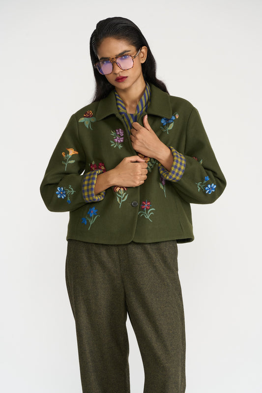 Wool Jacket With Floral Embroidery - Olive LAST ONE Large