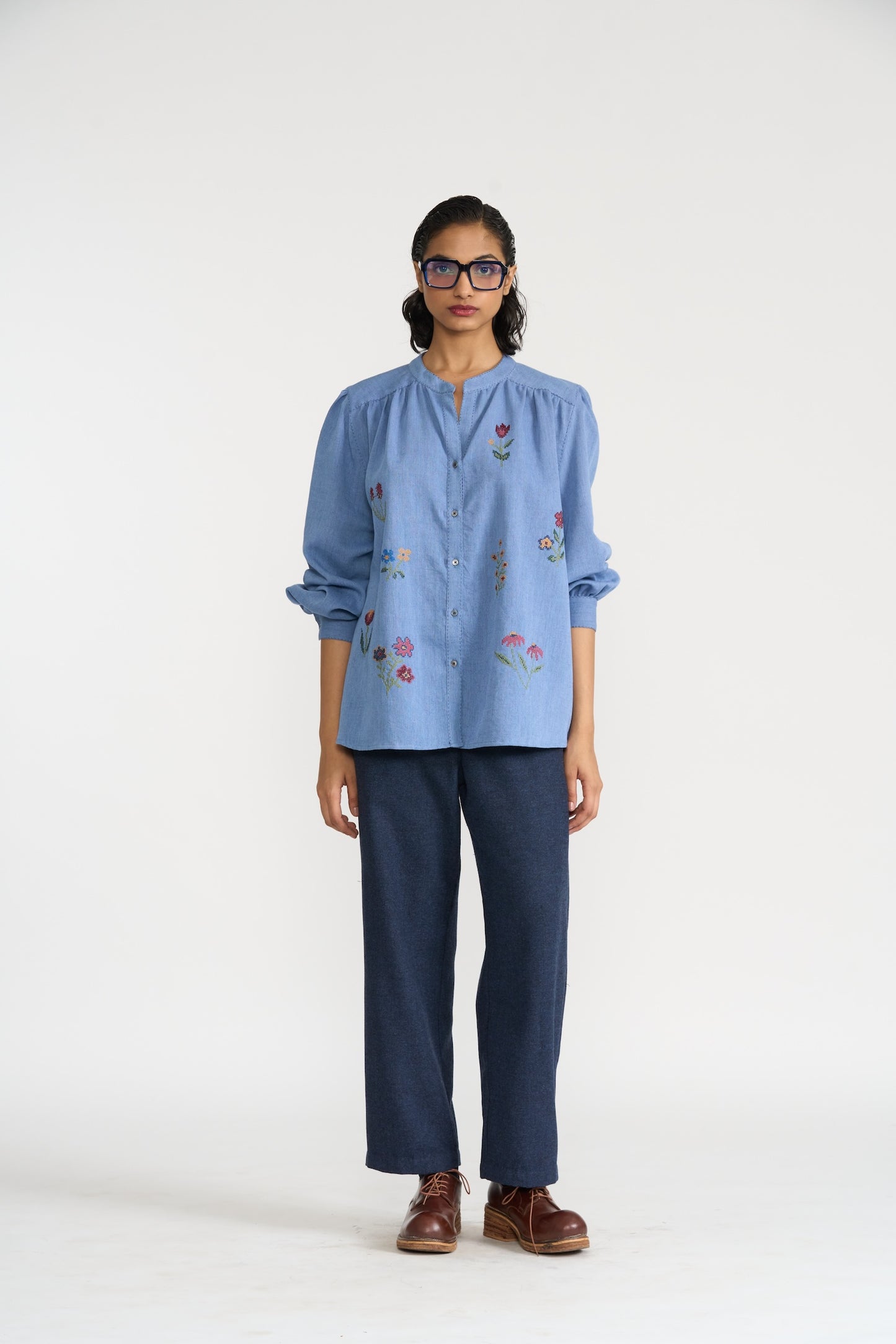 Blue Long Button Up Shirt With Floral Embroidery