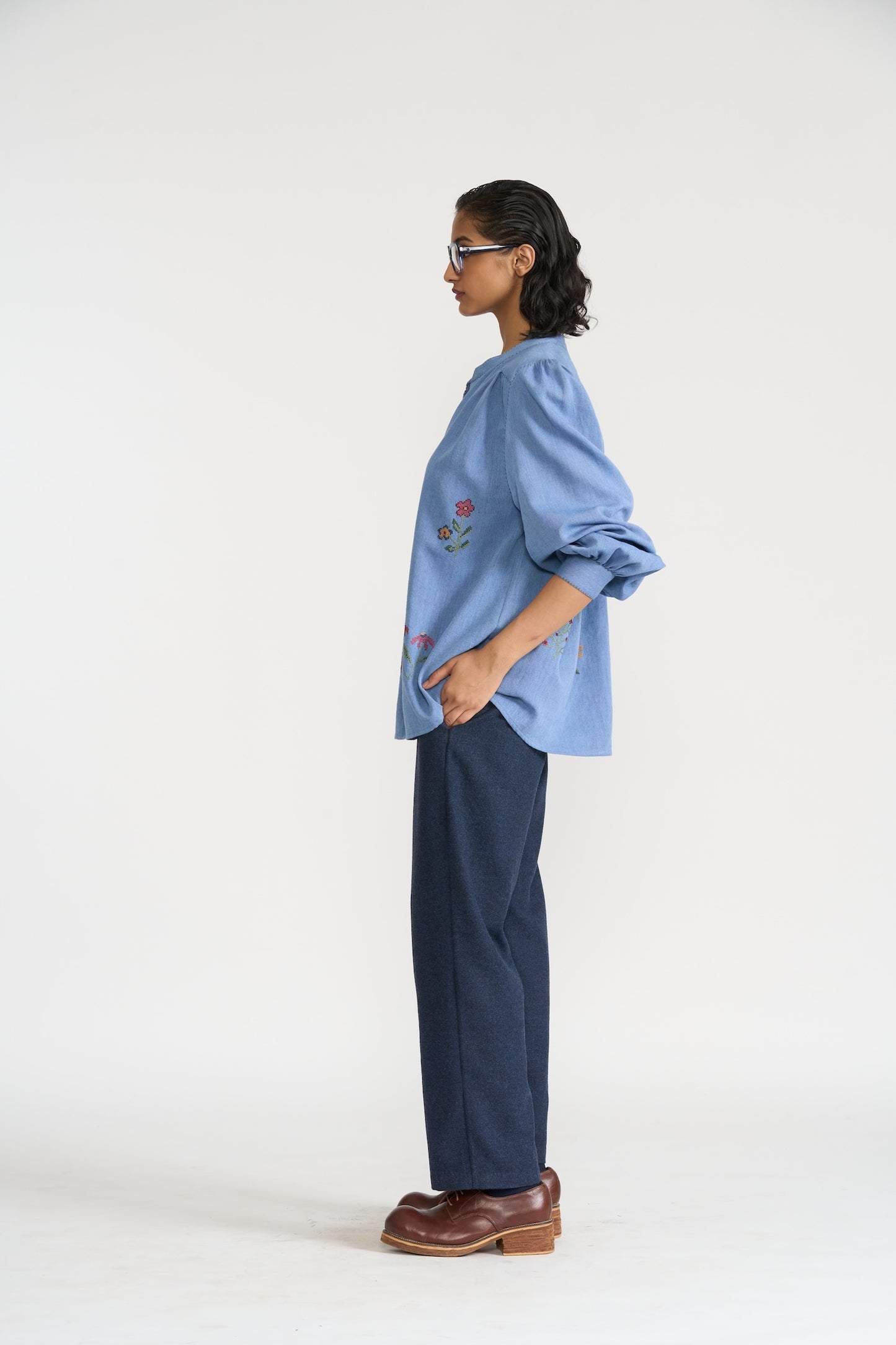 Blue Long Button Up Shirt With Floral Embroidery