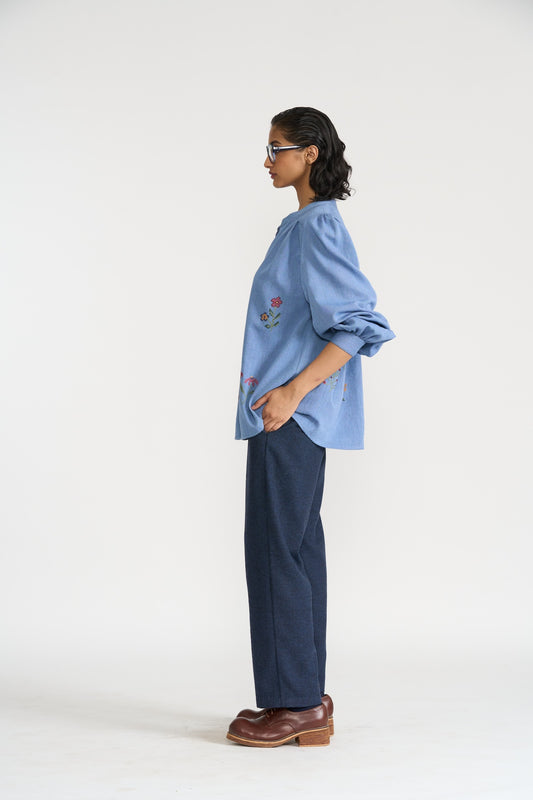Blue Long Button Up Shirt With Floral Embroidery