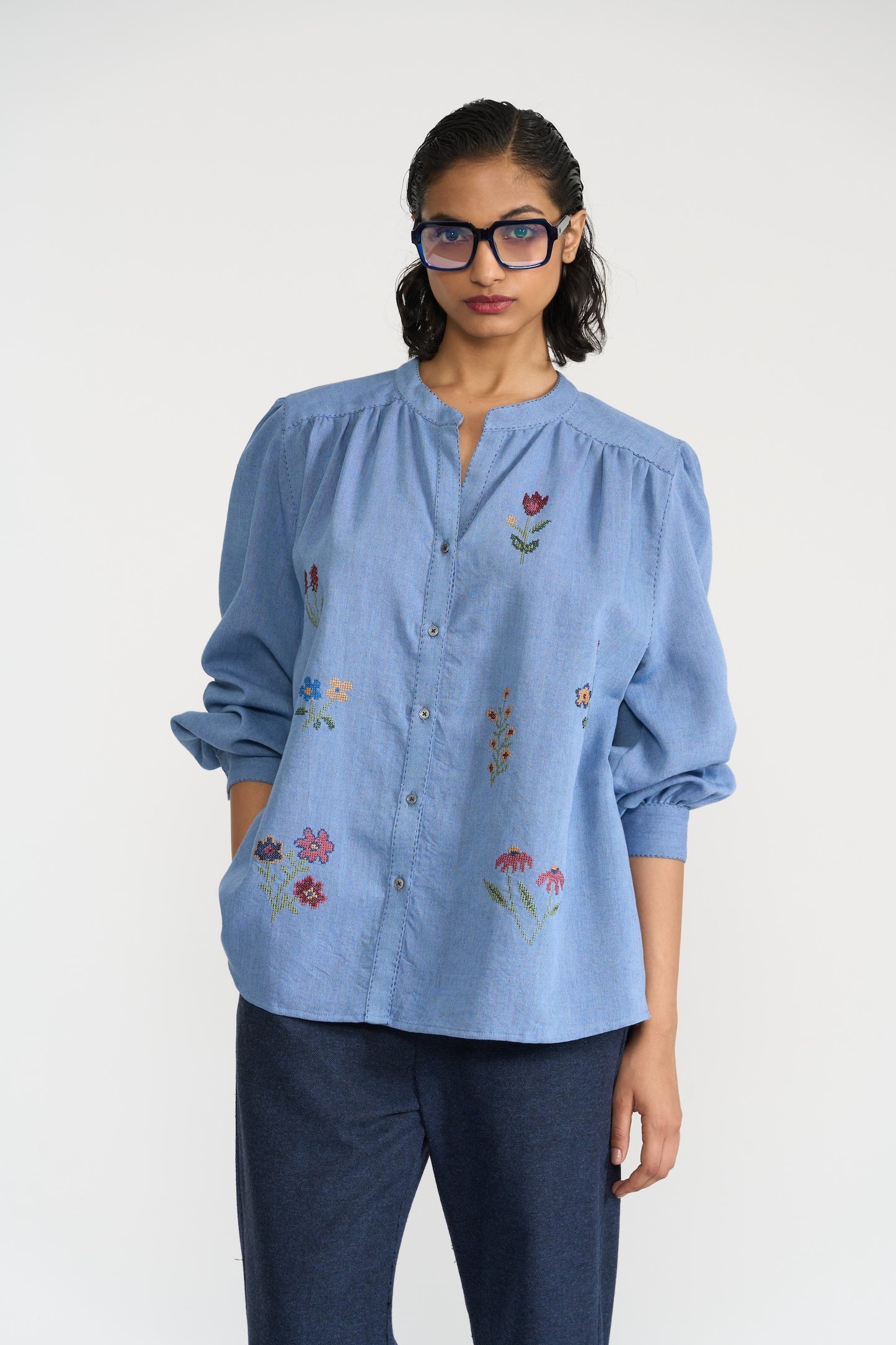 Blue Long Button Up Shirt With Floral Embroidery