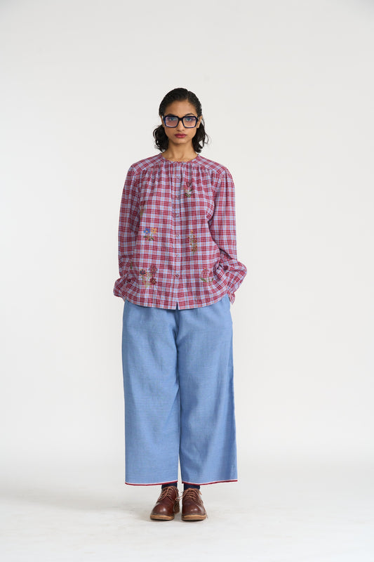 Tartan Button Up Shirt With Floral Embroidery LAST ONE Small