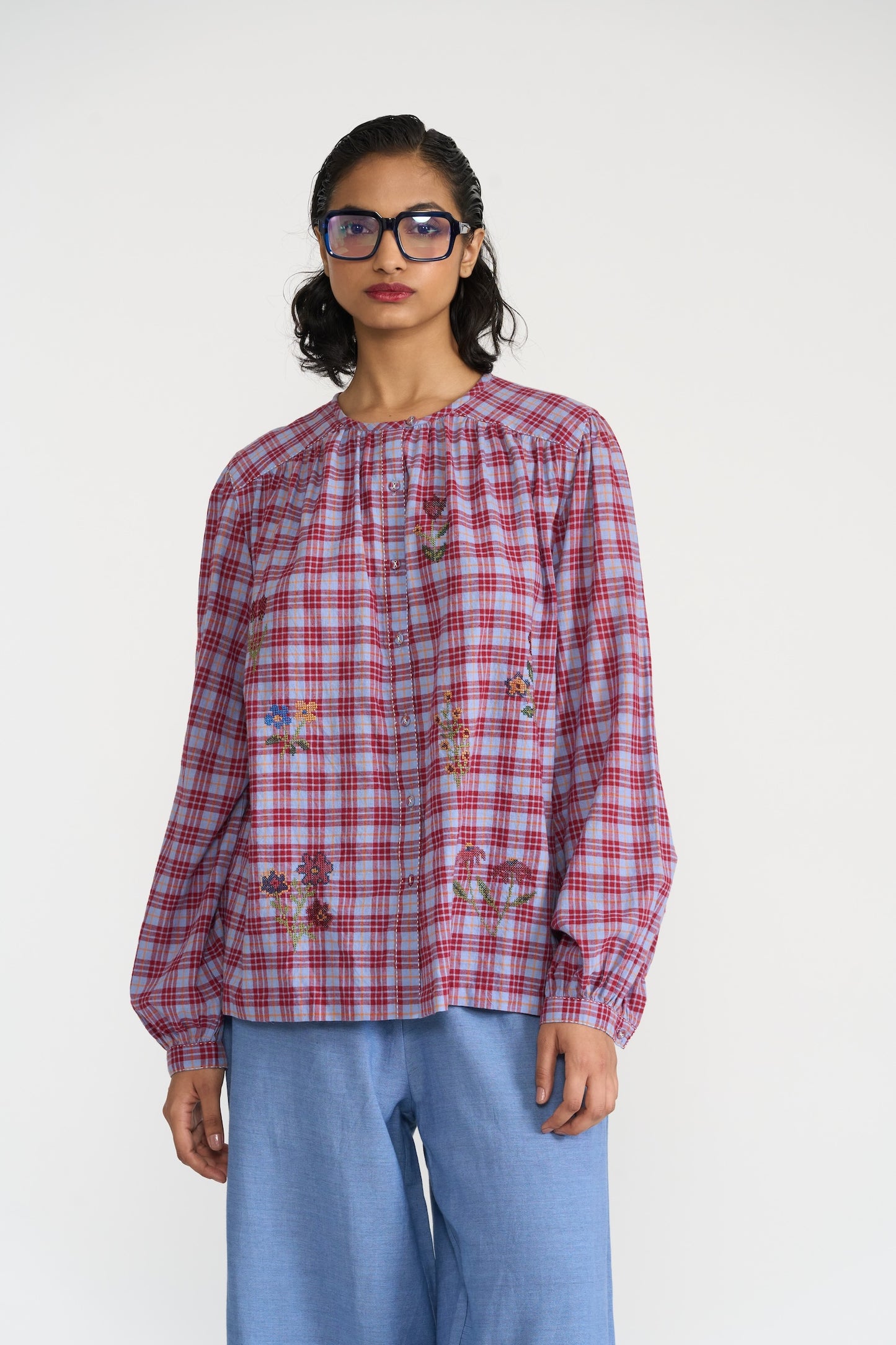Tartan Button Up Shirt With Floral Embroidery LAST ONE Small