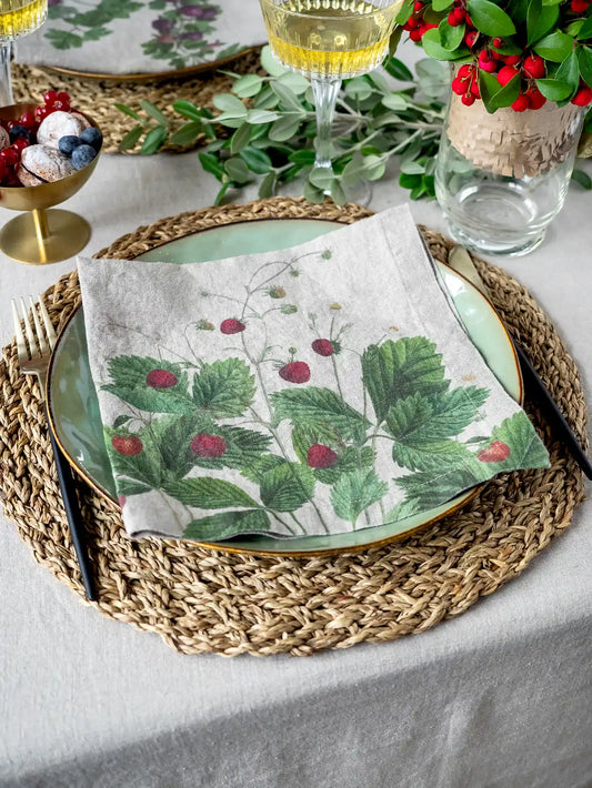 European Linen 'Berries' Set of 6 Linen Napkins - Natural