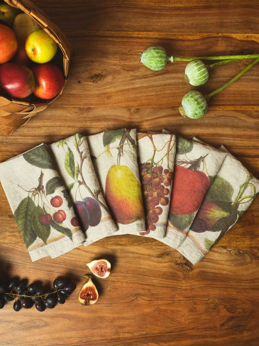 European Linen 'Orchard Fruits' Set of 6 Linen Napkins
