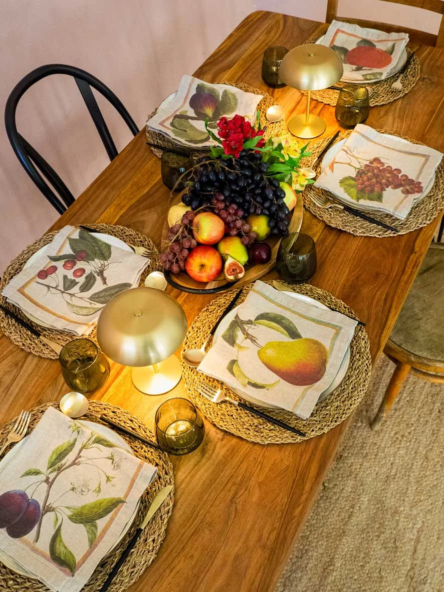 European Linen 'Orchard Fruits' Set of 6 Linen Napkins