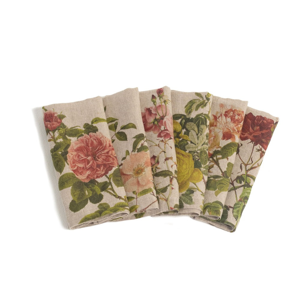European Linen 'Roses' Set of 6 Linen Napkins - Natural