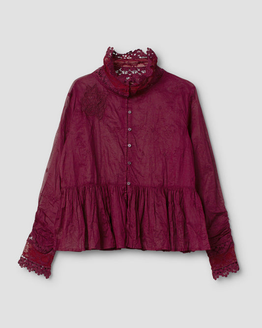 Ewa i Walla 'Parisa' Blouse With Lace Collar And Sleeves In Dark Plum