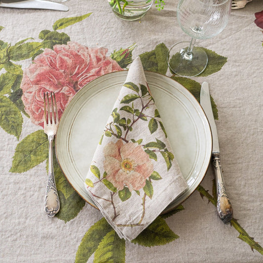 European Linen 'Roses' Set of 6 Linen Napkins - Natural