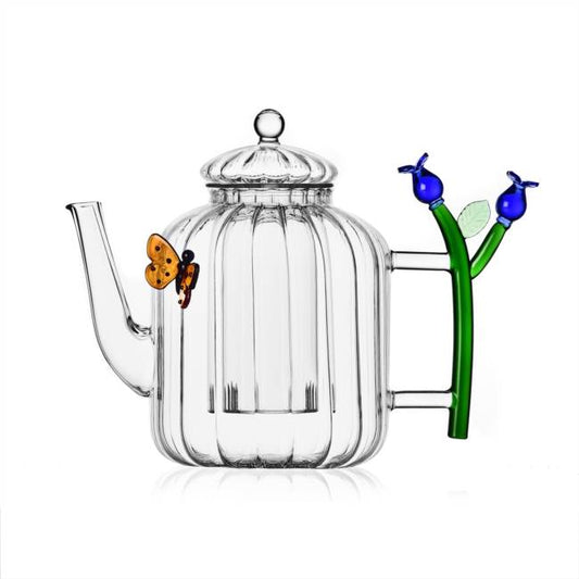 Glass Teapot - Blue Flower With Butterfly