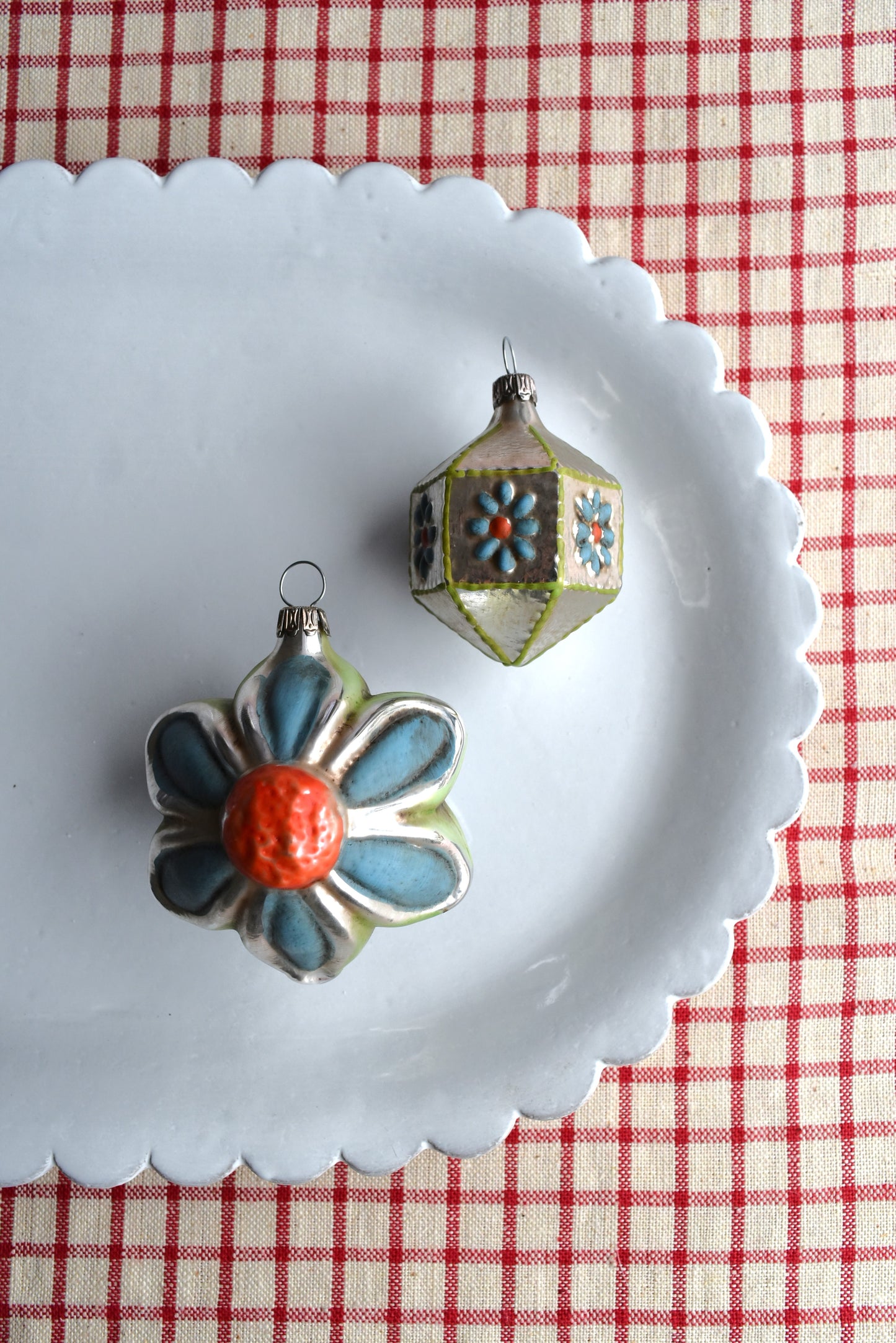 Blue Green Flowers - Nostalgic German Christmas Ornaments - Set VII
