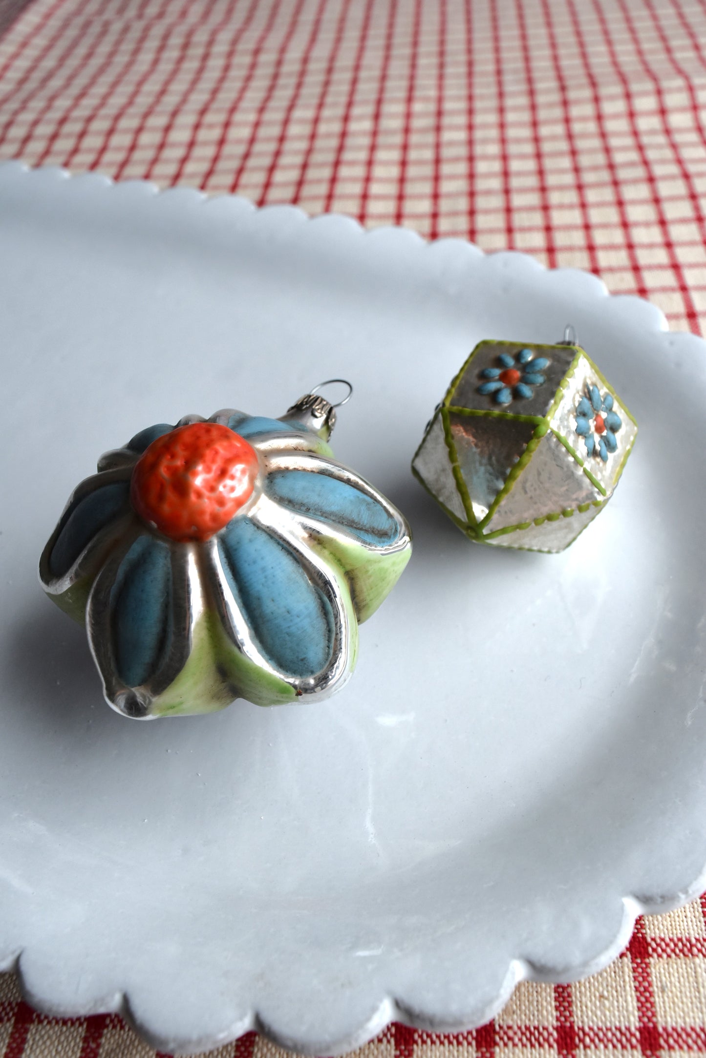 Blue Green Flowers - Nostalgic German Christmas Ornaments - Set VII