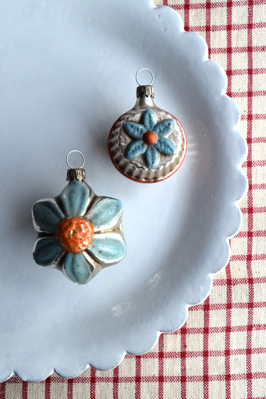 Blue & Orange Flowers - Nostalgic German Christmas Ornaments - Set XIV