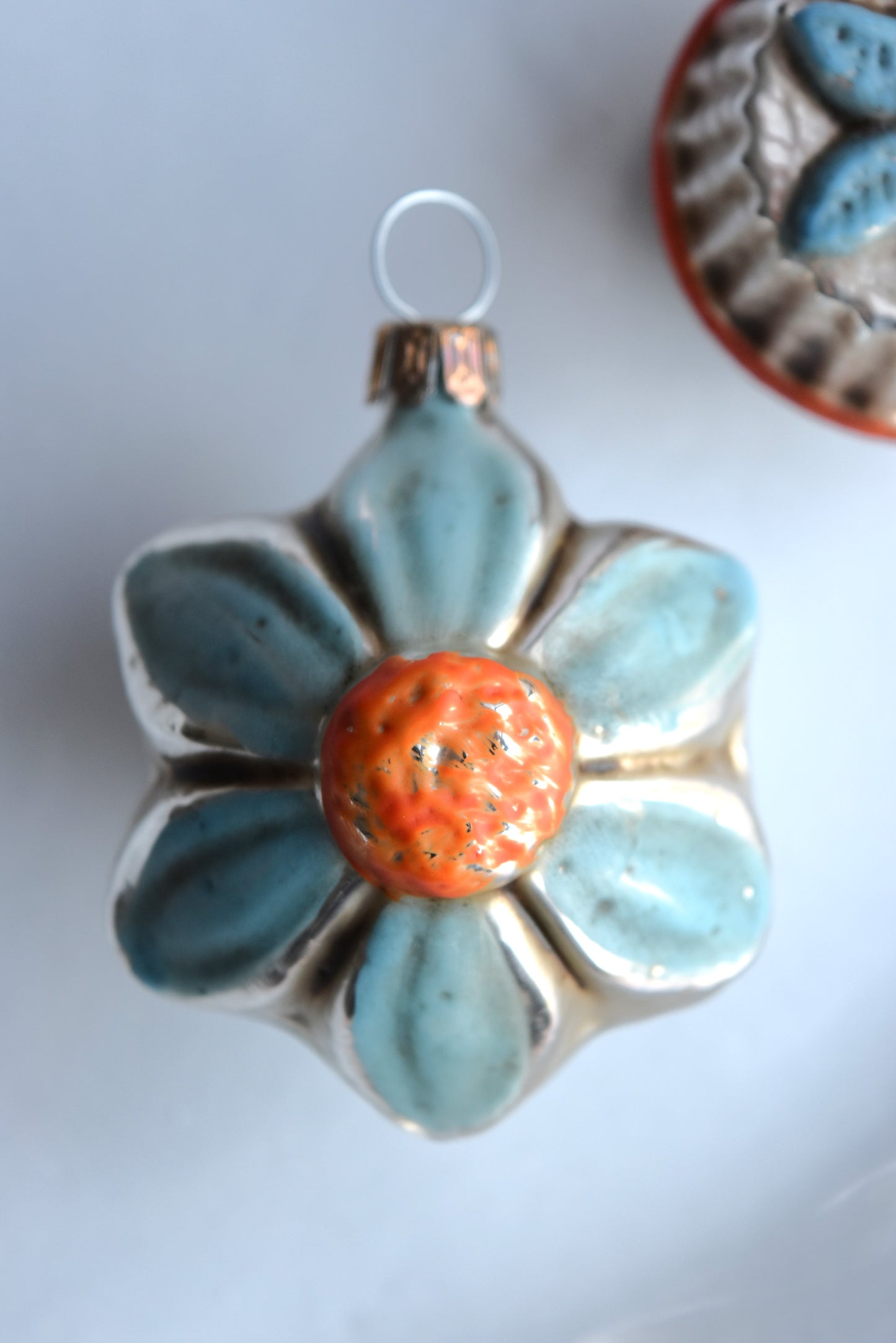 Blue & Orange Flowers - Nostalgic German Christmas Ornaments - Set XIV