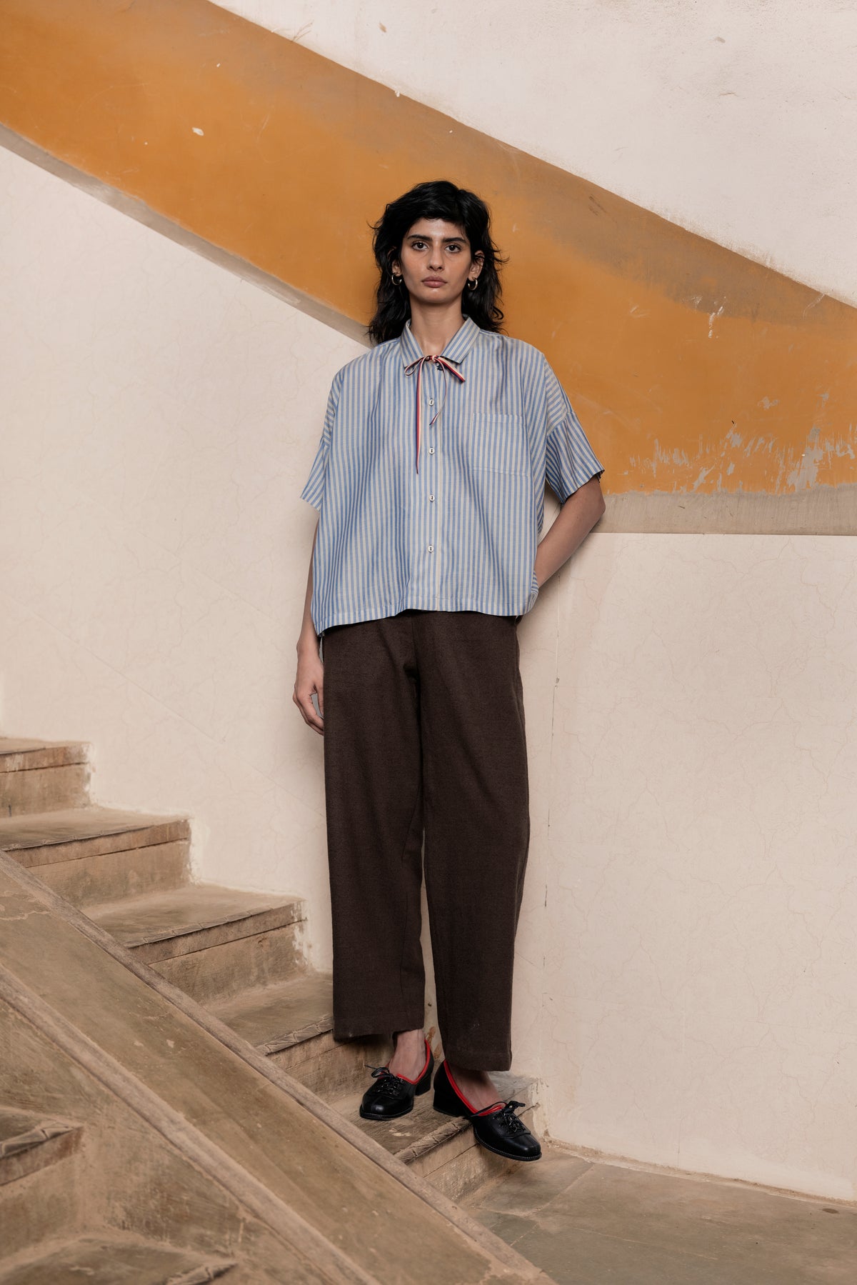 Runaway Bicycle Boxy Short Sleeve Shirt - Blue Stripe