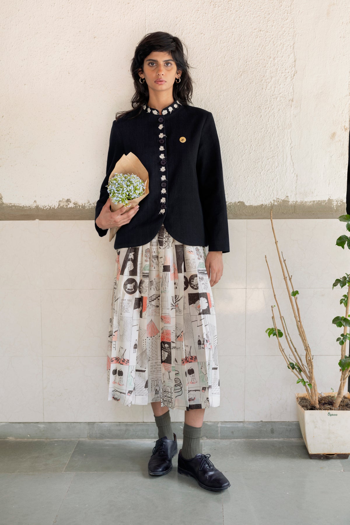 Runaway Bicycle Short Jacket - Black With Flowers