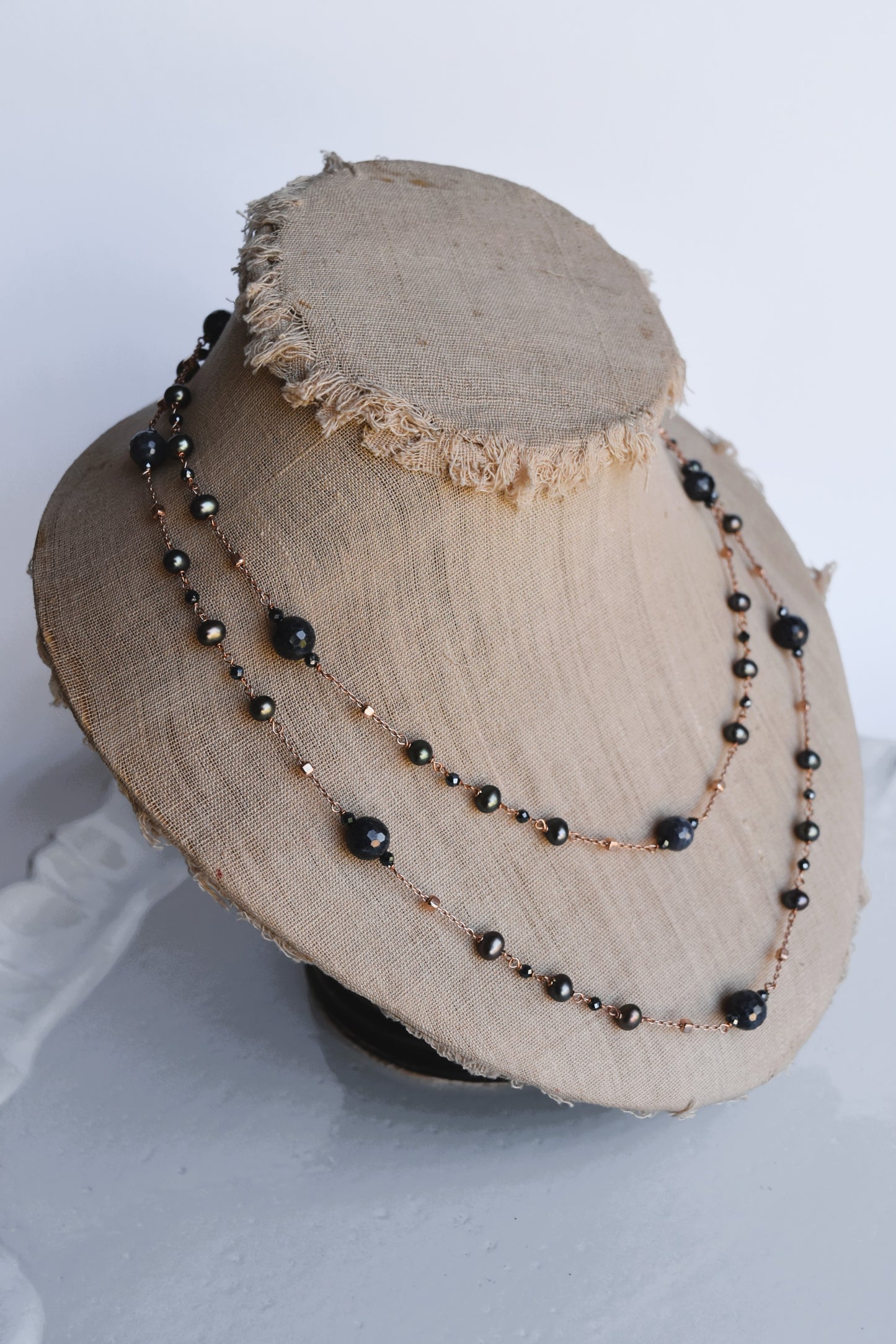 Italian Navy Blue Pearl & Crystal Long Necklace