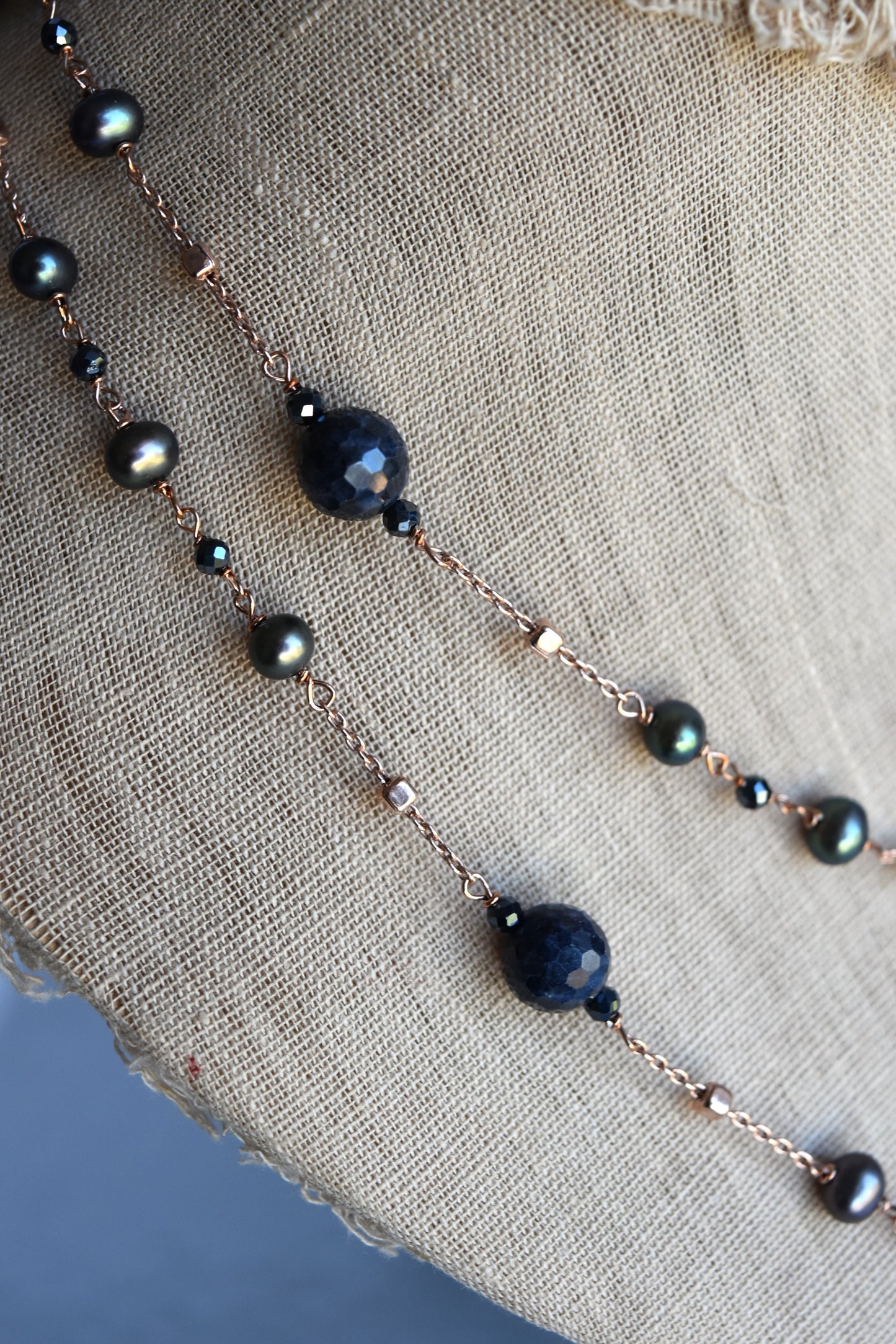 Italian Navy Blue Pearl & Crystal Long Necklace