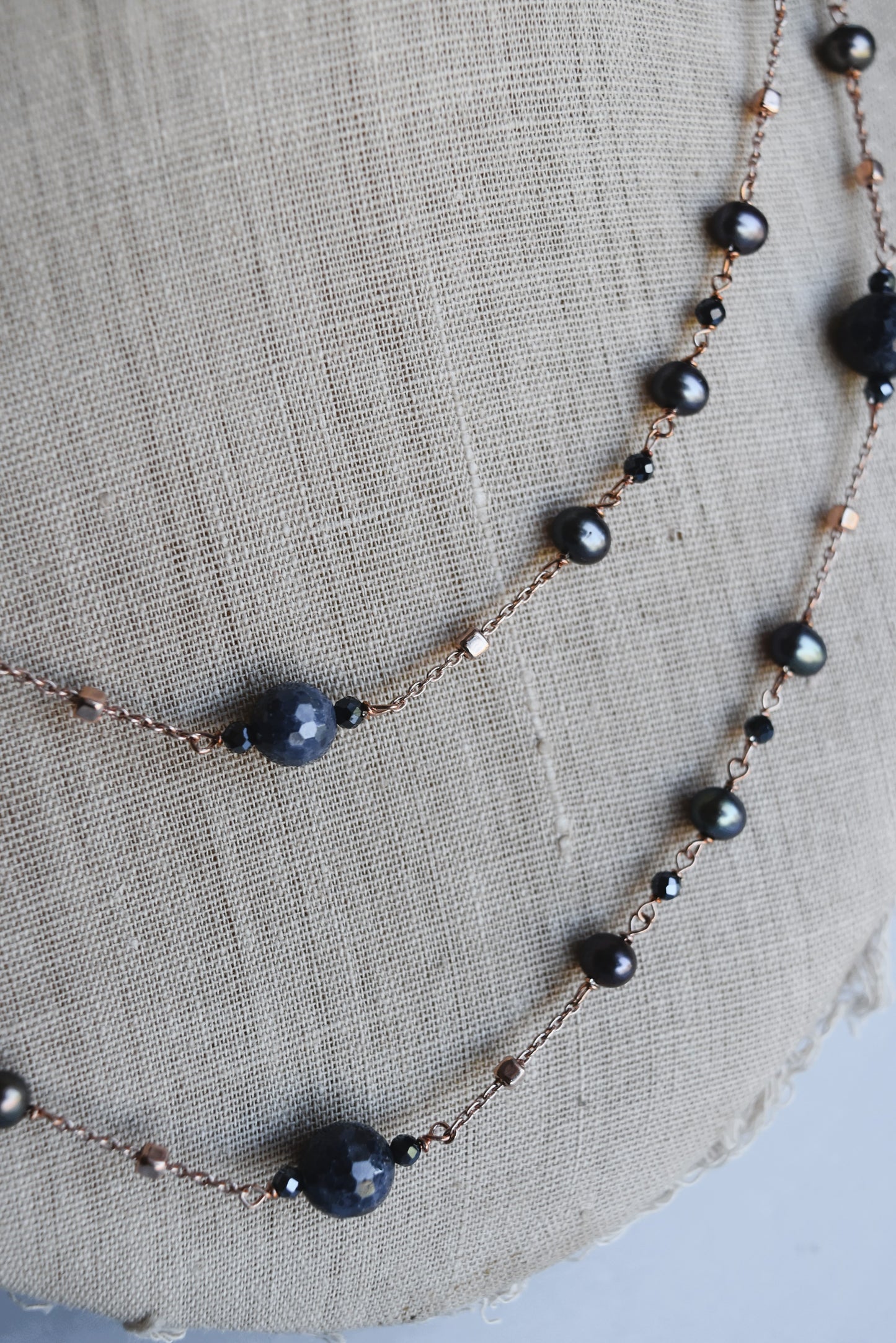 Italian Navy Blue Pearl & Crystal Long Necklace
