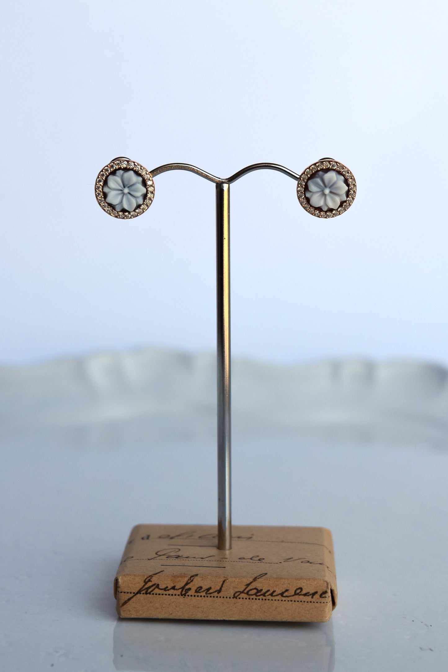 Italian Small Round Cameo Flower Earrings