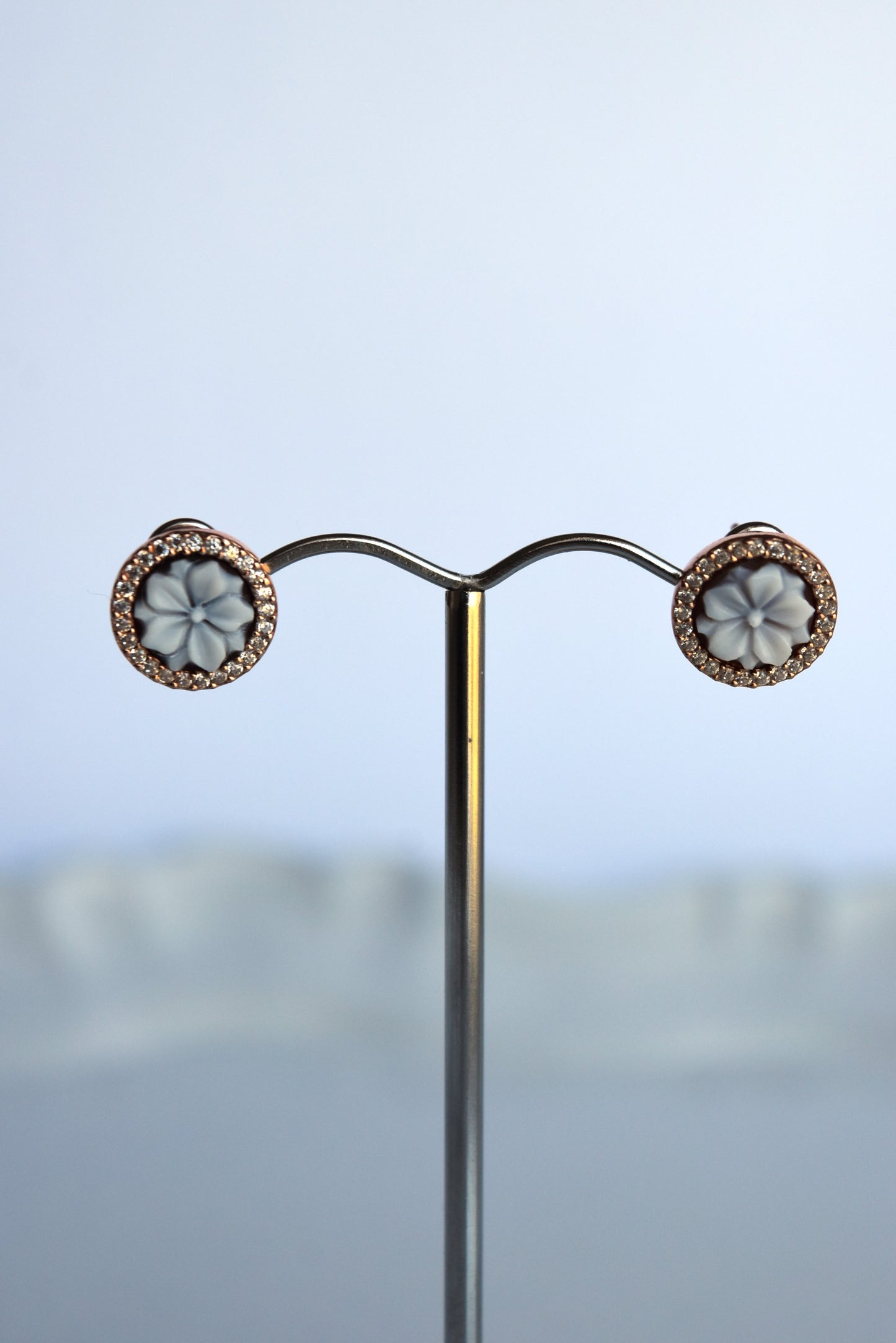 Italian Small Round Cameo Flower Earrings