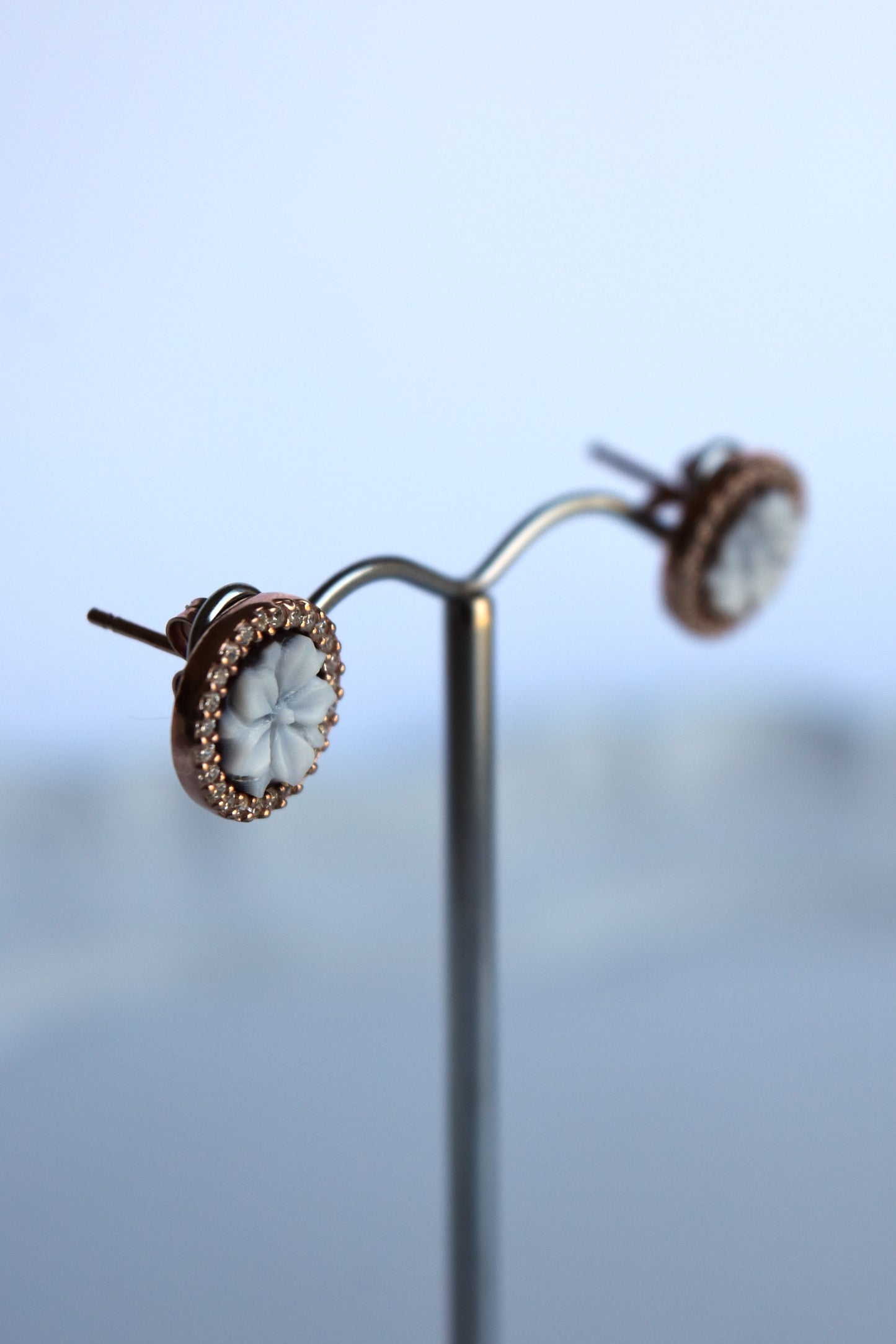 Italian Small Round Cameo Flower Earrings