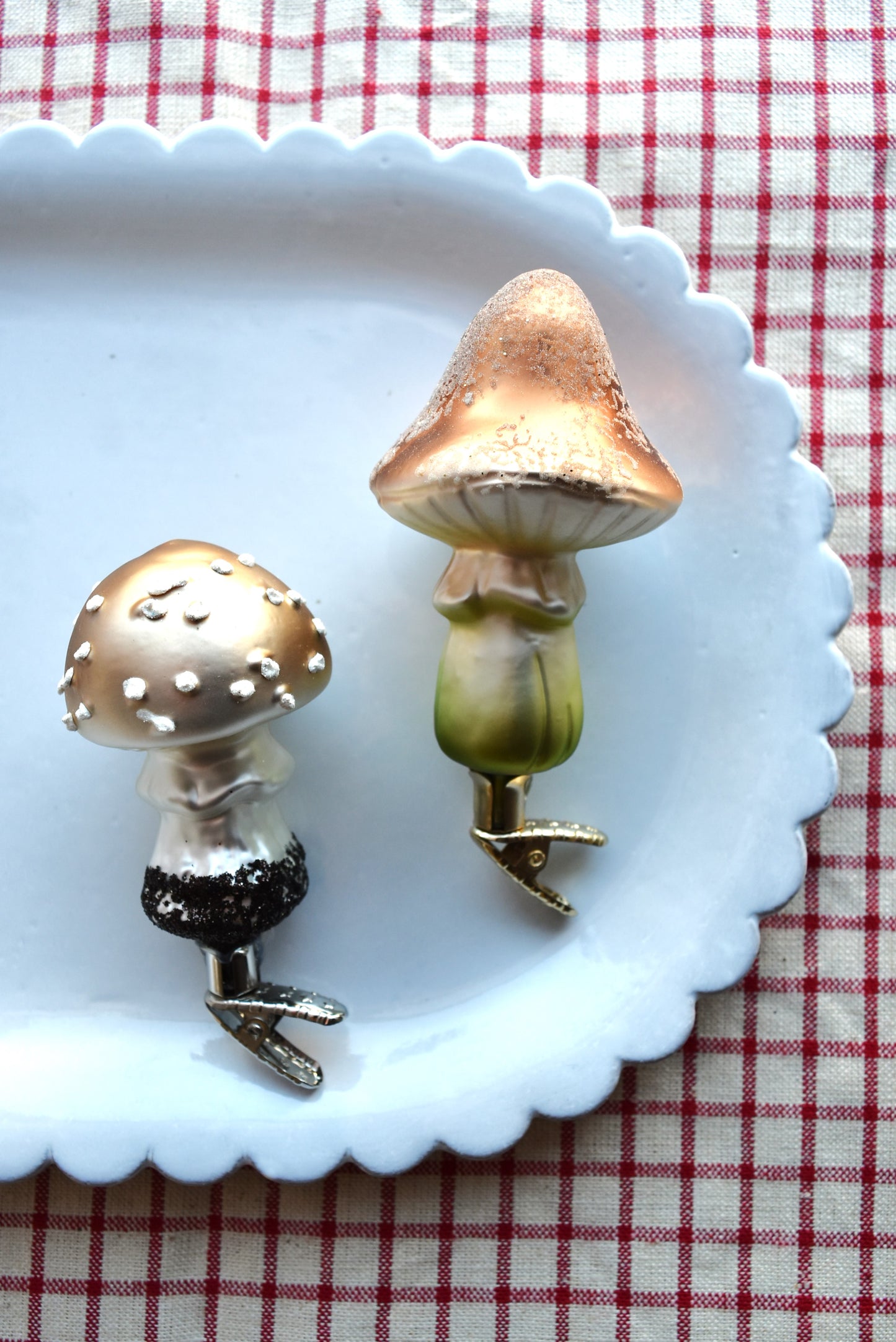 German Glass Christmas Ornament Set - Brown Mushrooms Pair