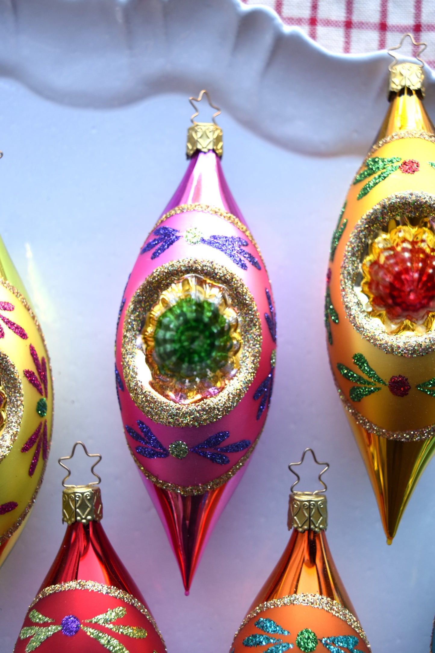 German Glass Christmas Ornament Set - Large Long Shiny Brite