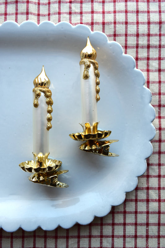 German Glass Christmas Ornament Set - White And Gold Candle Pair