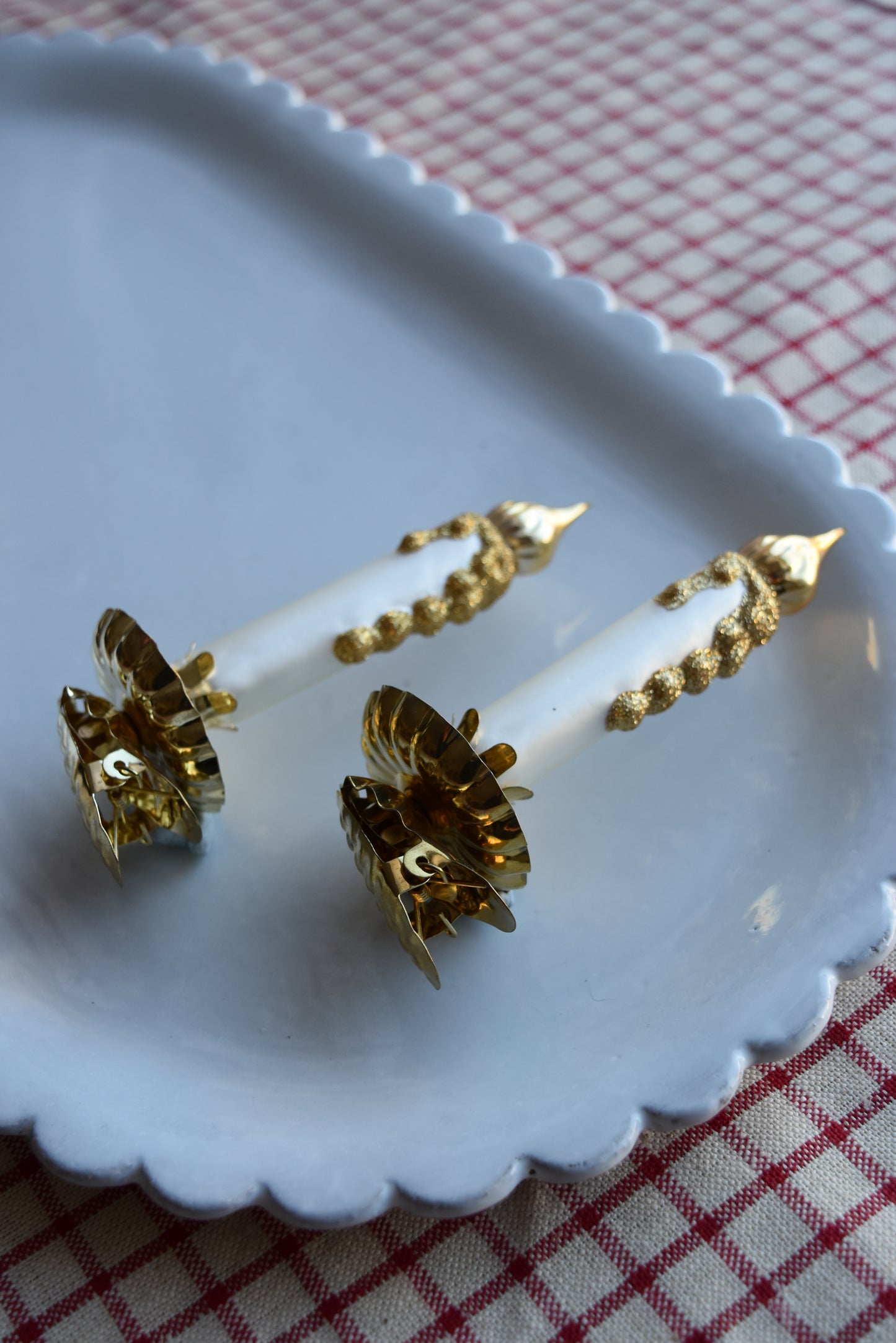 German Glass Christmas Ornament Set - White And Gold Candle Pair