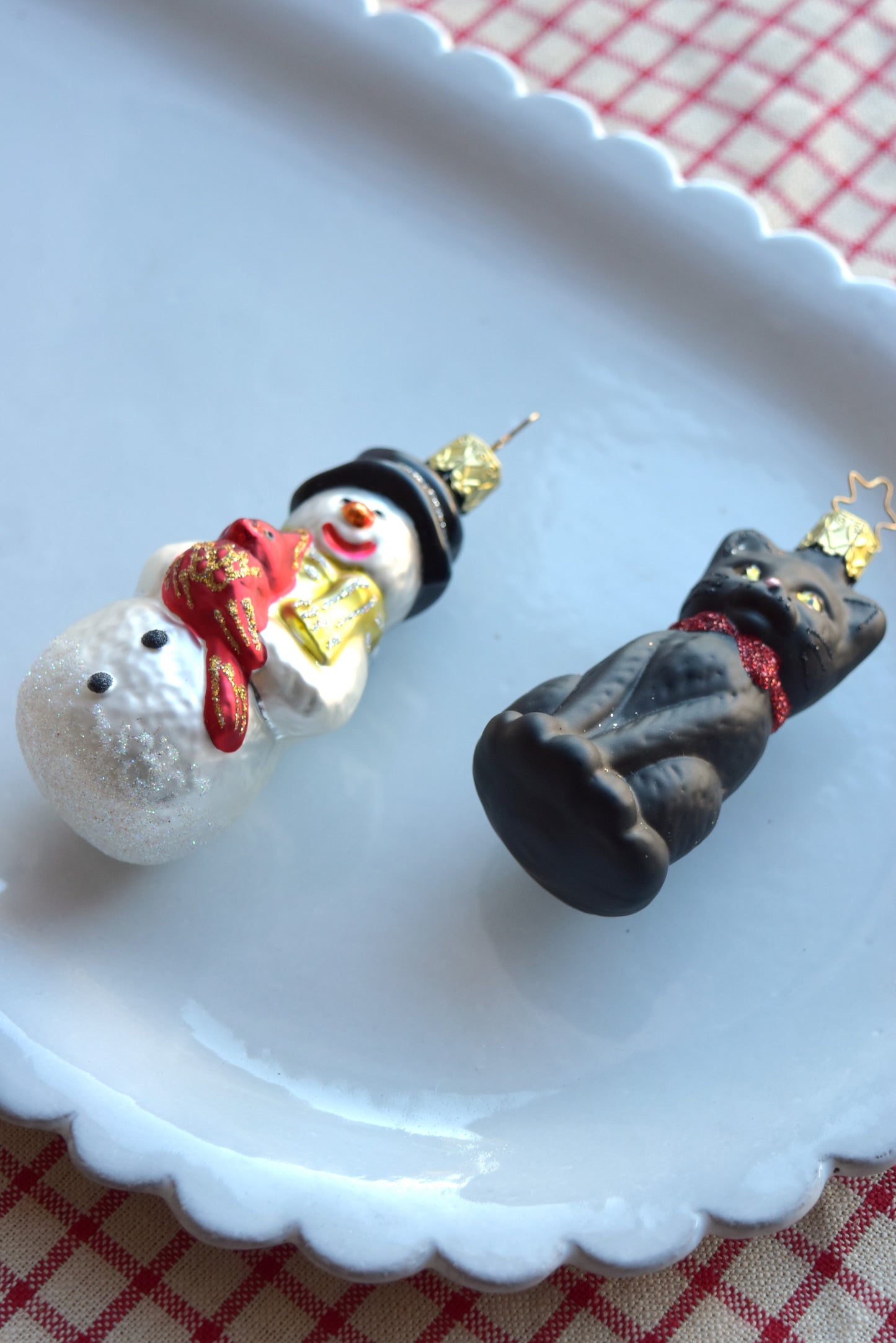 German Glass Christmas Ornaments - Black Cat Or Snowman