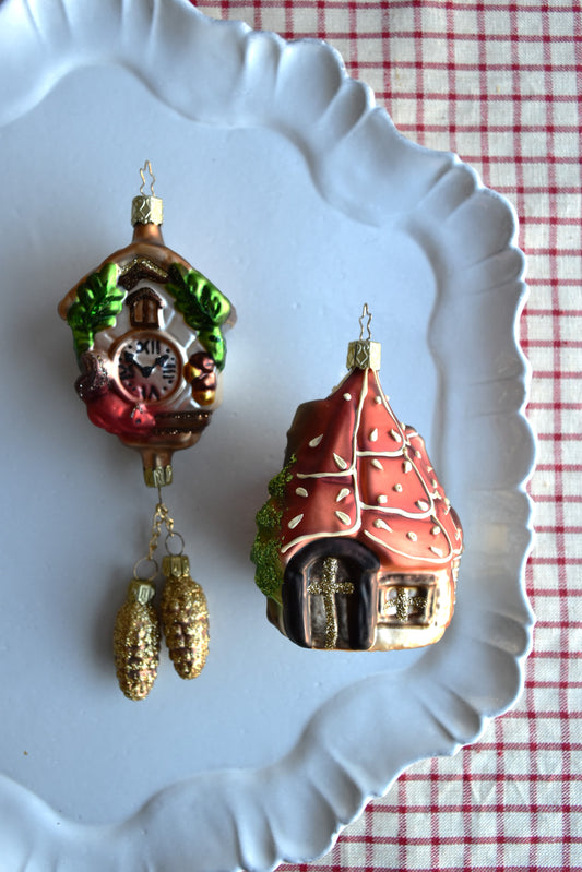German Glass Christmas Ornaments - Cuckoo Clock Or Gingerbread House