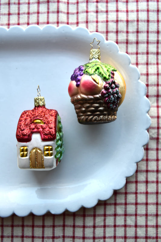 German Glass Christmas Ornaments - Fruit Basket Or House