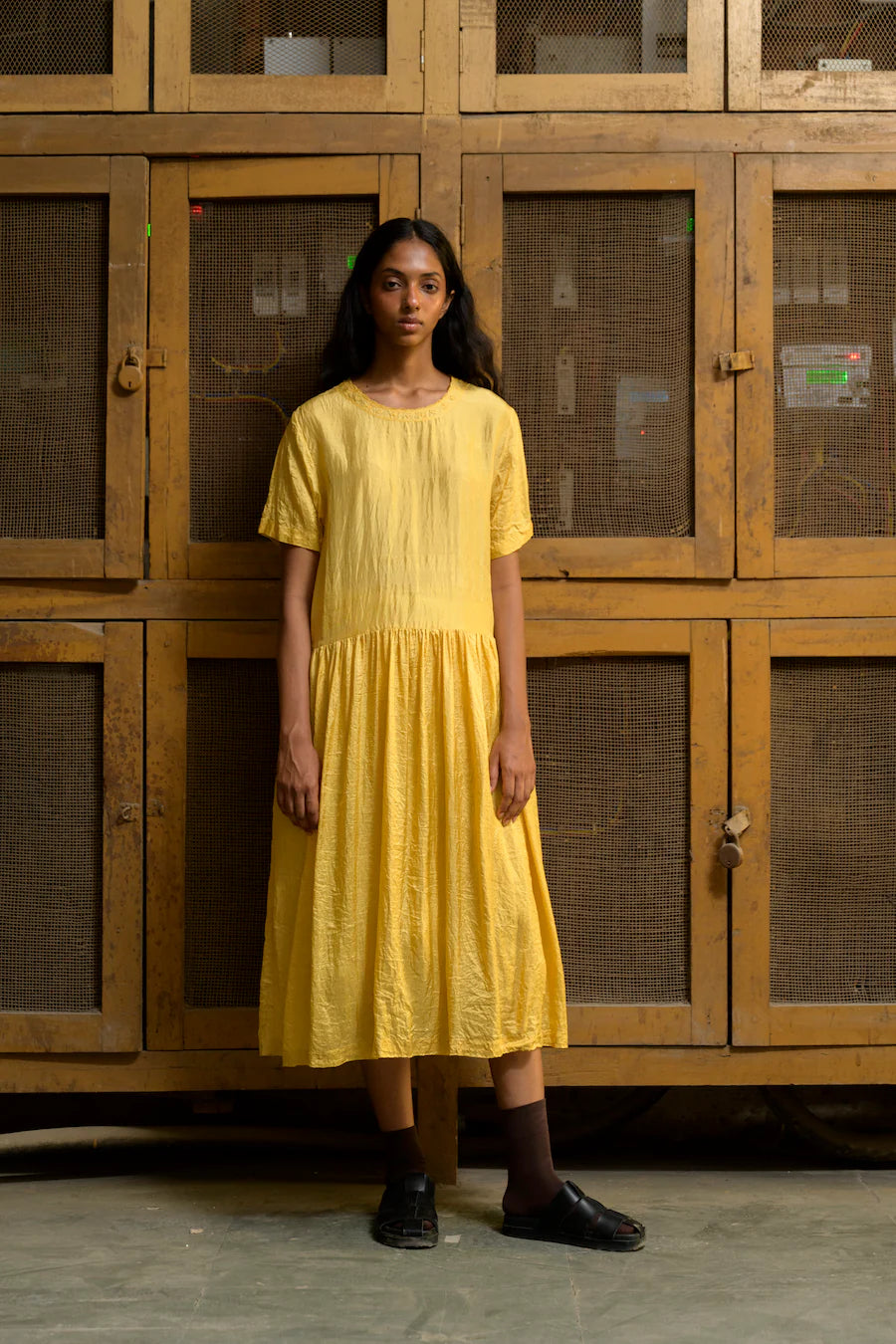 Runaway Bicycle Yellow Silk Dress With Embroidered Neckline LAST ONE LARGE