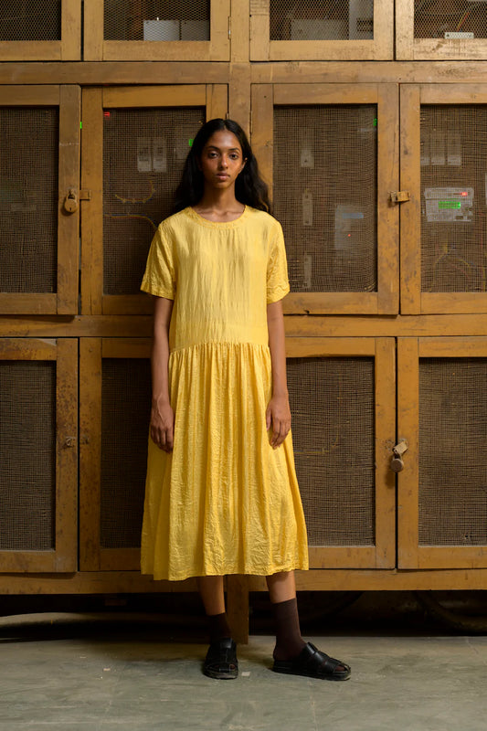 Runaway Bicycle Yellow Silk Dress With Embroidered Neckline LAST ONE LARGE